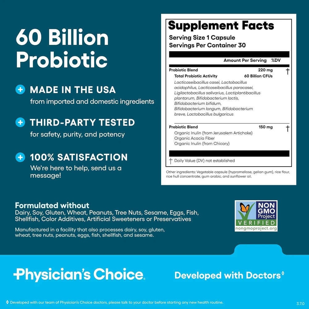 Physician's CHOICE Probiotics 60 Billion CFU - 10 Strains + Organic Prebiotics - Immune, Digestive & Gut Health - 30 Count