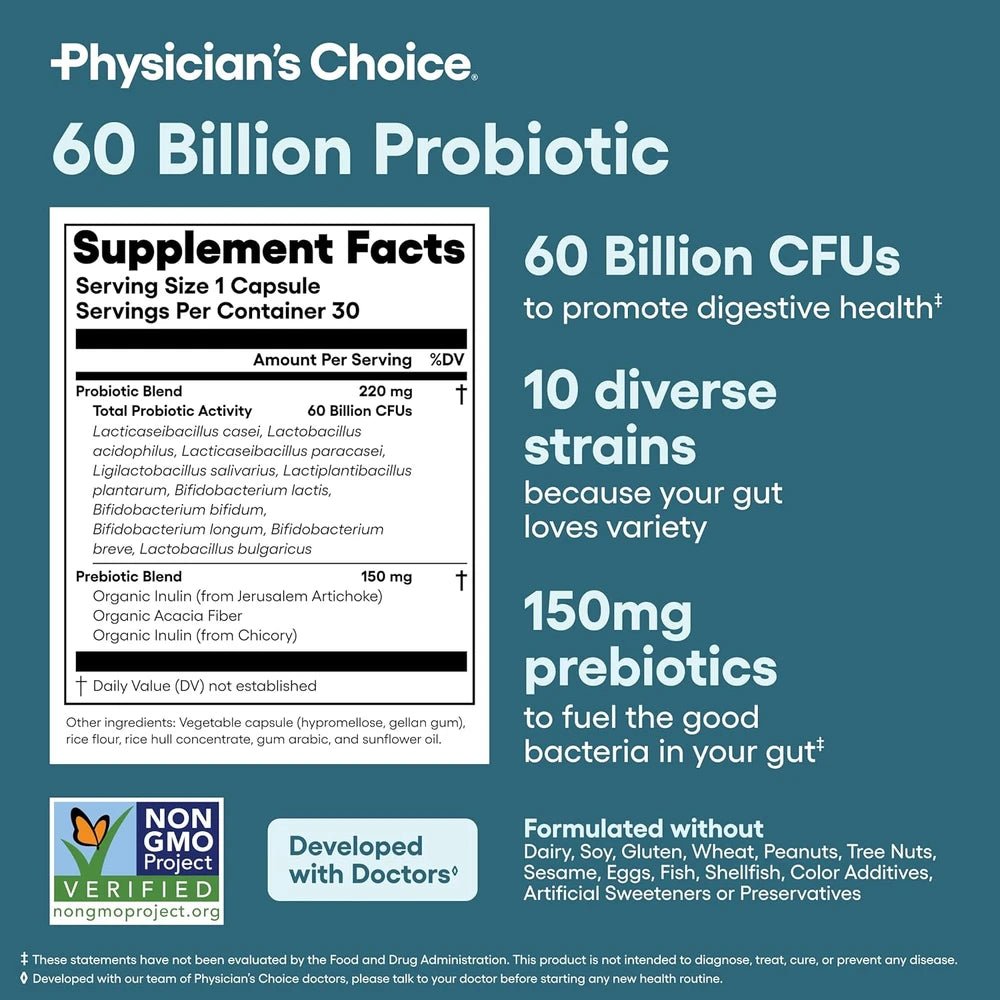 Physician's CHOICE Probiotics 60 Billion CFU - 10 Strains + Organic Prebiotics - Immune, Digestive & Gut Health - 30 Count