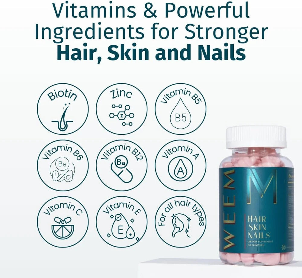 WEEM Hair Skin and Nails Gummies - Supports Healthy Hair - Vegan biotin Vitamins for Women & Men