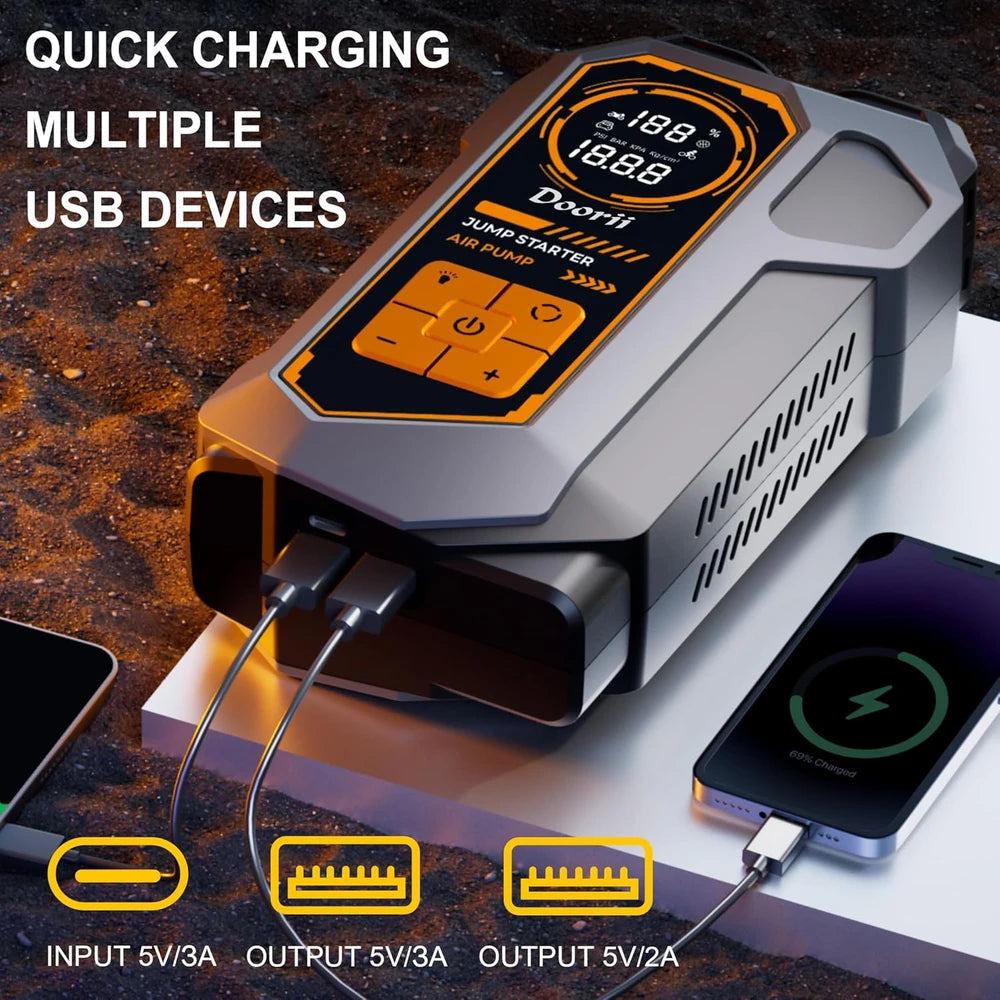Doorii 6000A Jump Starter with Air Compressor, 10-in-1 Car Jumper Starter Portable, 150PSI Tire Inflator/Air Pump, LED Flashlight for Up to 10.0L Gas / 8.0L Diesel Engines