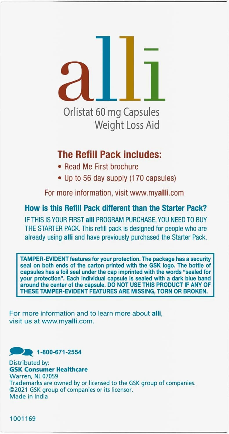 alli Weight Loss Supplement, Orlistat 60 mg Capsules, 170 Count Refill Pack