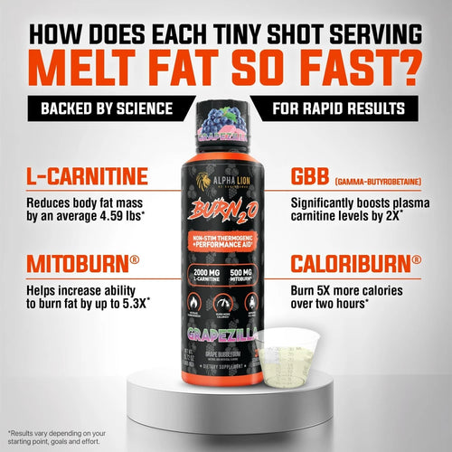 ALPHA LION Burn2O L-Carnitine Liquid 2000mg – Stim Free Super Thermogenic Fat Burner with MitoBurn® &amp; CaloriBurn GP® - Grapezilla