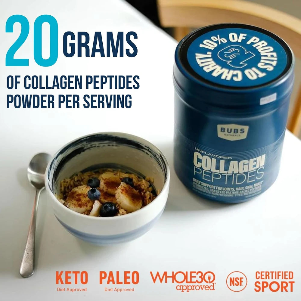 BUBS Naturals Collagen Peptides Powder, Collagen for Women &amp; Men, Hydrolyzed Peptides, Unflavored Pasture Raised Grass Fed, Paleo Keto Friendly, Supports Hair Skin &amp; Joint Health (20 oz) 28 Servings