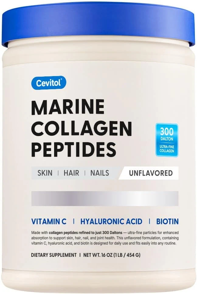 Marine Collagen Peptides - Hydrolyzed Ultra-fine Collagen Powder for Women &amp; Men, Hyaluronic Acid, Biotin, Vitamin C, for Skin, Hair, Nails, Joints, Non-GMO, Unflavored, Easily Dissolved, 16oz