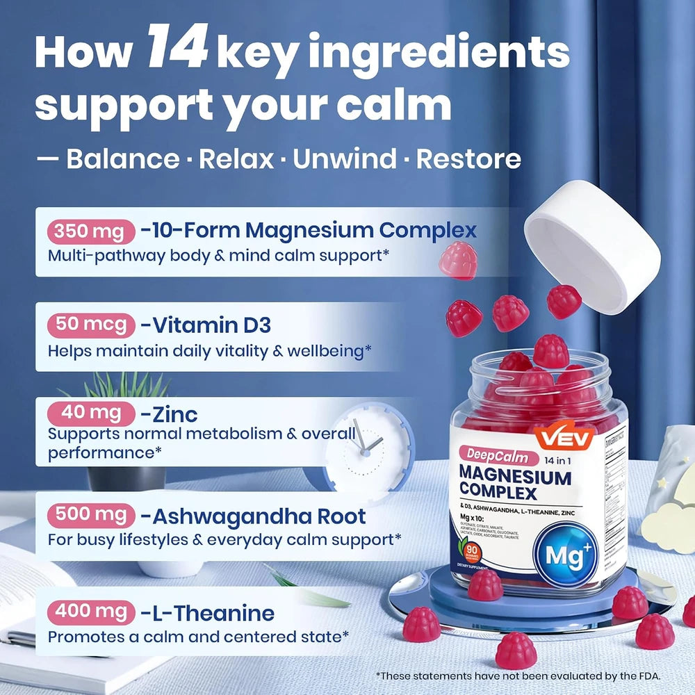 VEV Deep Calm Magnesium Complex 14-in-1 Glycinate Gummies for Women and Men