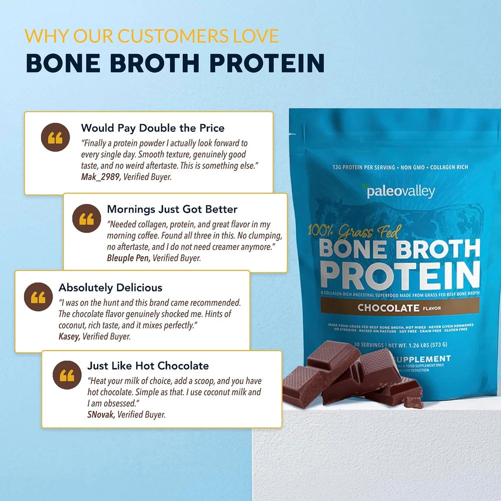 Paleovalley 100% Grass Fed Bone Broth Protein Powder, Chocolate