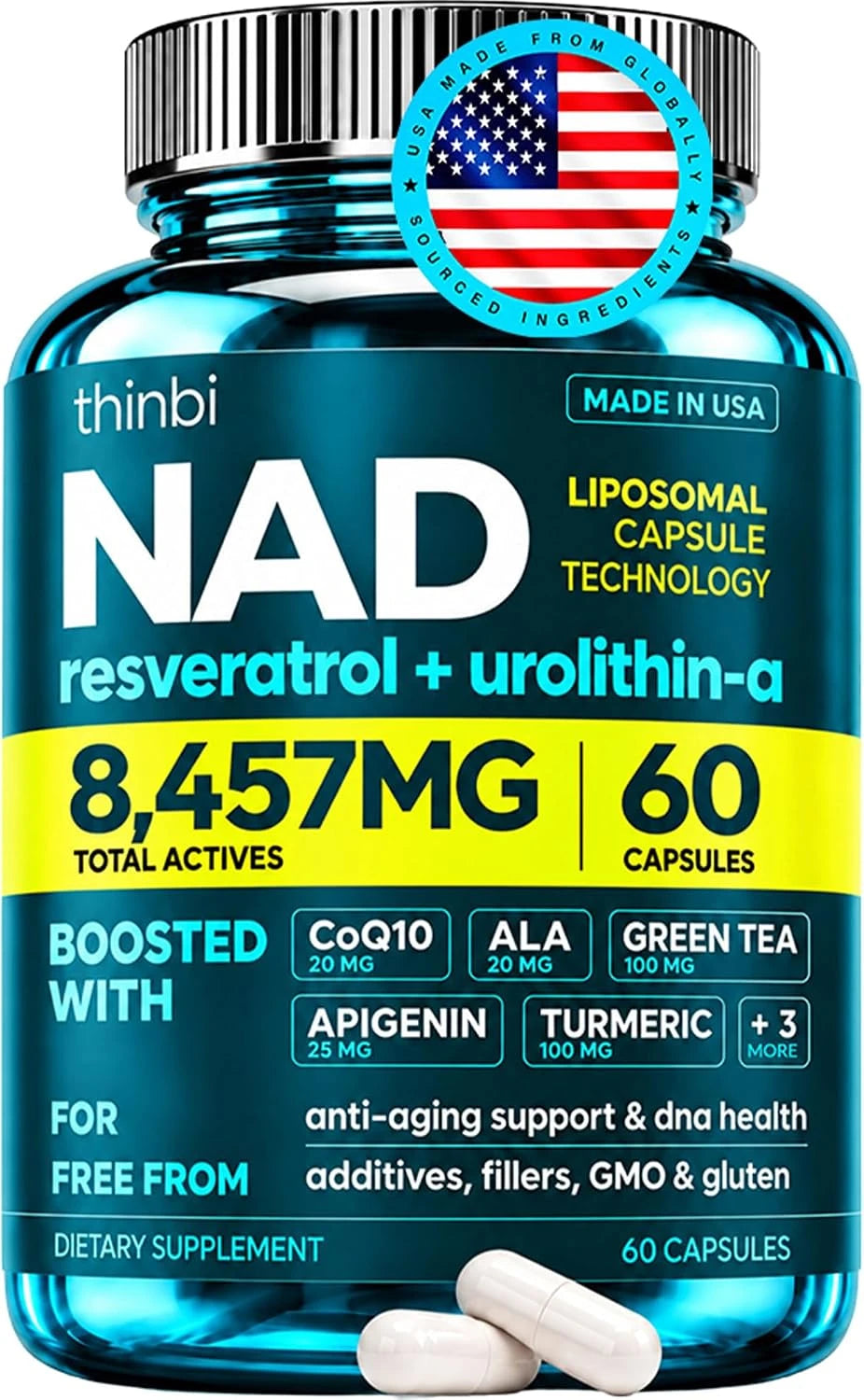 Thinbi Liposomal NAD+ Supplement with Resveratrol &amp; CoQ10, 60 Count
