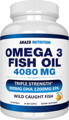 Arazo Nutrition Wild Caught Omega-3 Fish Oil Concentrate – 4,080mg per Serving – High EPA 1200mg &amp; DHA 900mg – 120 Burpless Lemon Softgels