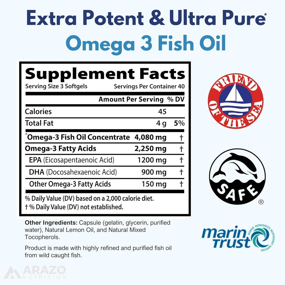 Arazo Nutrition Wild Caught Omega-3 Fish Oil Concentrate – 4,080mg per Serving – High EPA 1200mg &amp; DHA 900mg – 120 Burpless Lemon Softgels