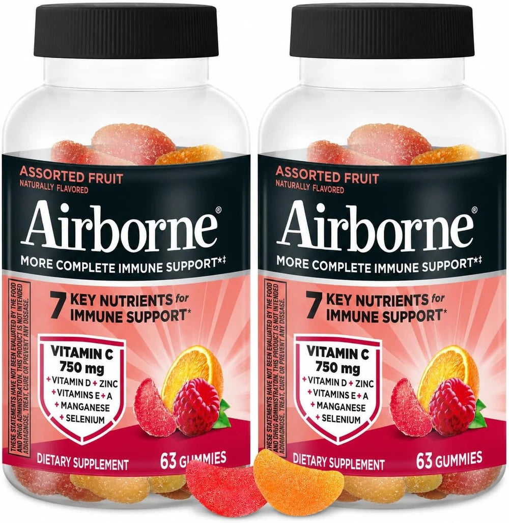 Airborne 750mg Vitamin C Gummies for Adults, Immune Support Supplement with Powerful Antioxidants Vitamins A C &amp; E - 2x63ct Bottles (126 Gummies), Assorted Fruit Flavor