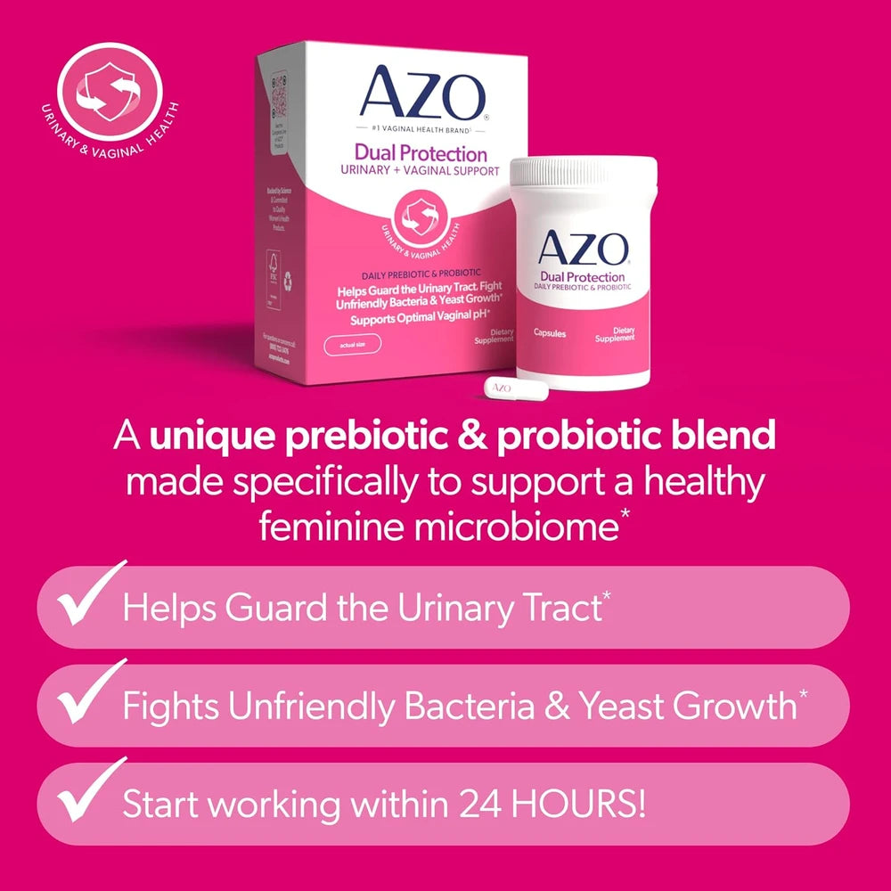 AZO Dual Protection Urinary + Vaginal, Women Probiotics &amp; Prebiotics, 30 Ct