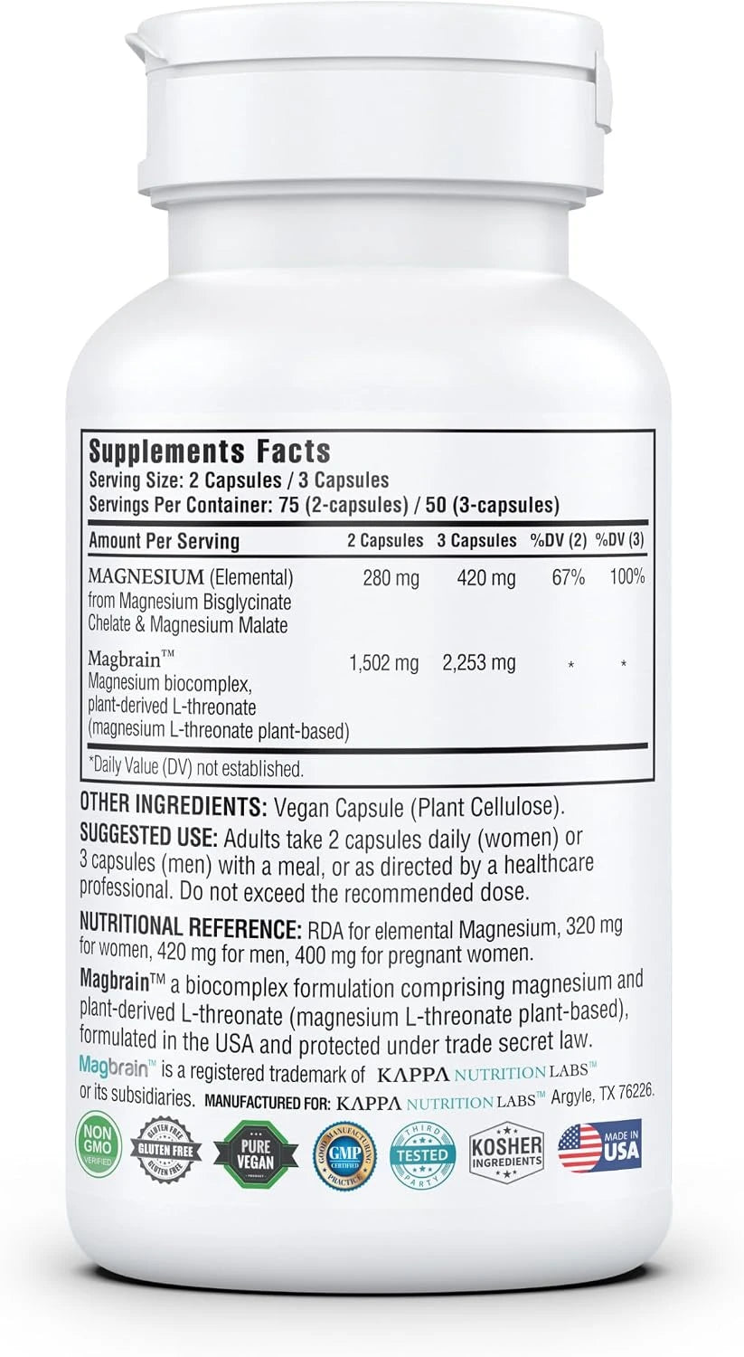 Magnesium L-Threonate Plant-Based 3 in 1 Powered by Magbrain® Magnesium L-Threonate Plant-Based | Magnesium Bisglycinate &amp; Magnesium Malate