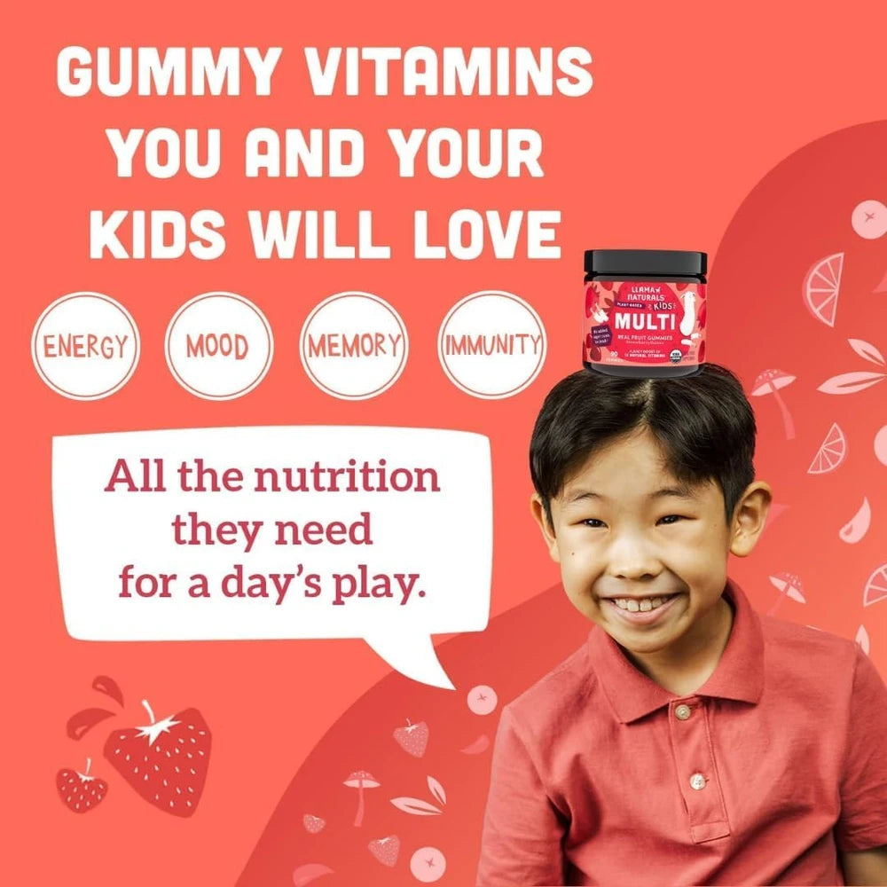 Llama Naturals Kids Multivitamin Gummies | Real Fruit, No Added Sugar Cane | Organic Vegan Toddler Whole Food Vitamins | Vitamin D, C &amp; Beta Carotene Gummy Supplement | Strawberry 90 Ct (1-2 Months)