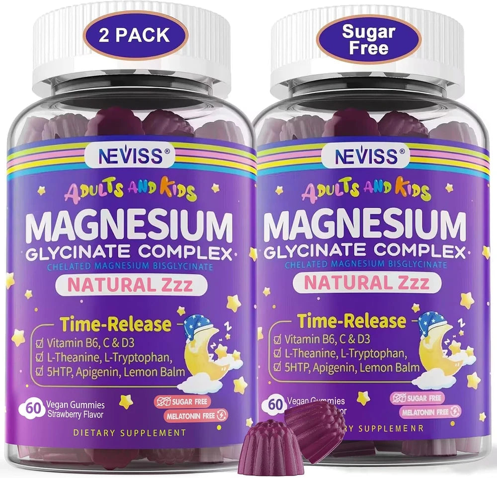 NEVISS Magnesium Glycinate Gummies for Adults &amp; Kids 4+, Sugar Free Magnesium Bisglycinate Supplement 400/200mg with B6D3, L-Theanine for Zzz &amp; Relaxation, Brain, Melatonin Free Gummies, 2Pack