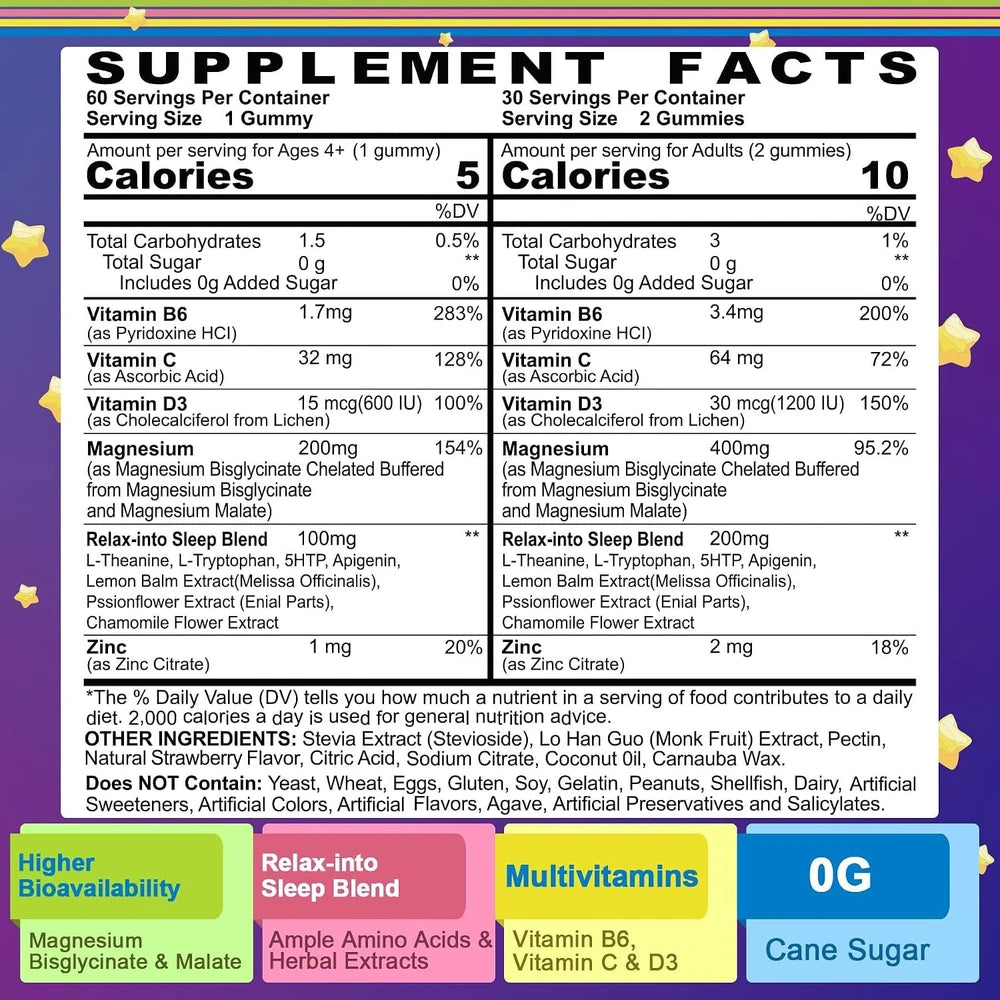 NEVISS Magnesium Glycinate Gummies for Adults &amp; Kids 4+, Sugar Free Magnesium Bisglycinate Supplement 400/200mg with B6D3, L-Theanine for Zzz &amp; Relaxation, Brain, Melatonin Free Gummies, 2Pack
