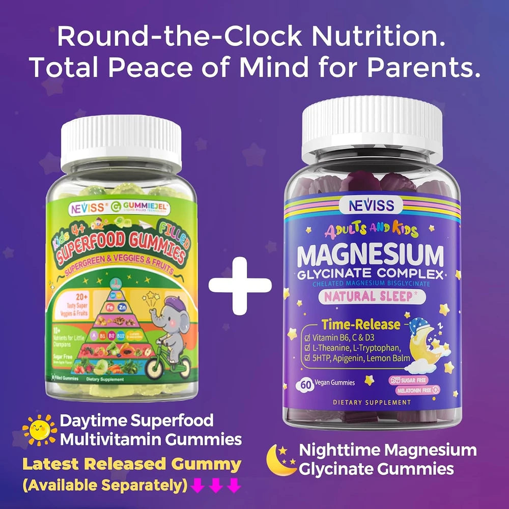 NEVISS Magnesium Glycinate Gummies for Adults &amp; Kids 4+, Sugar Free Magnesium Bisglycinate Supplement 400/200mg with B6D3, L-Theanine for Zzz &amp; Relaxation, Brain, Melatonin Free Gummies, 2Pack