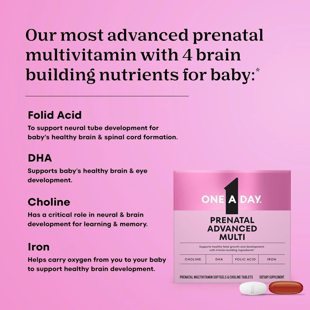 One A Day Prenatal Advanced- Prenatal Vitamins with Folic Acid, Choline, DHA &amp; Iron, Pregnancy Vitamins for Women to Support Baby’s Development, 60+60 Ct (120 Total Set) (Packaging May Vary)