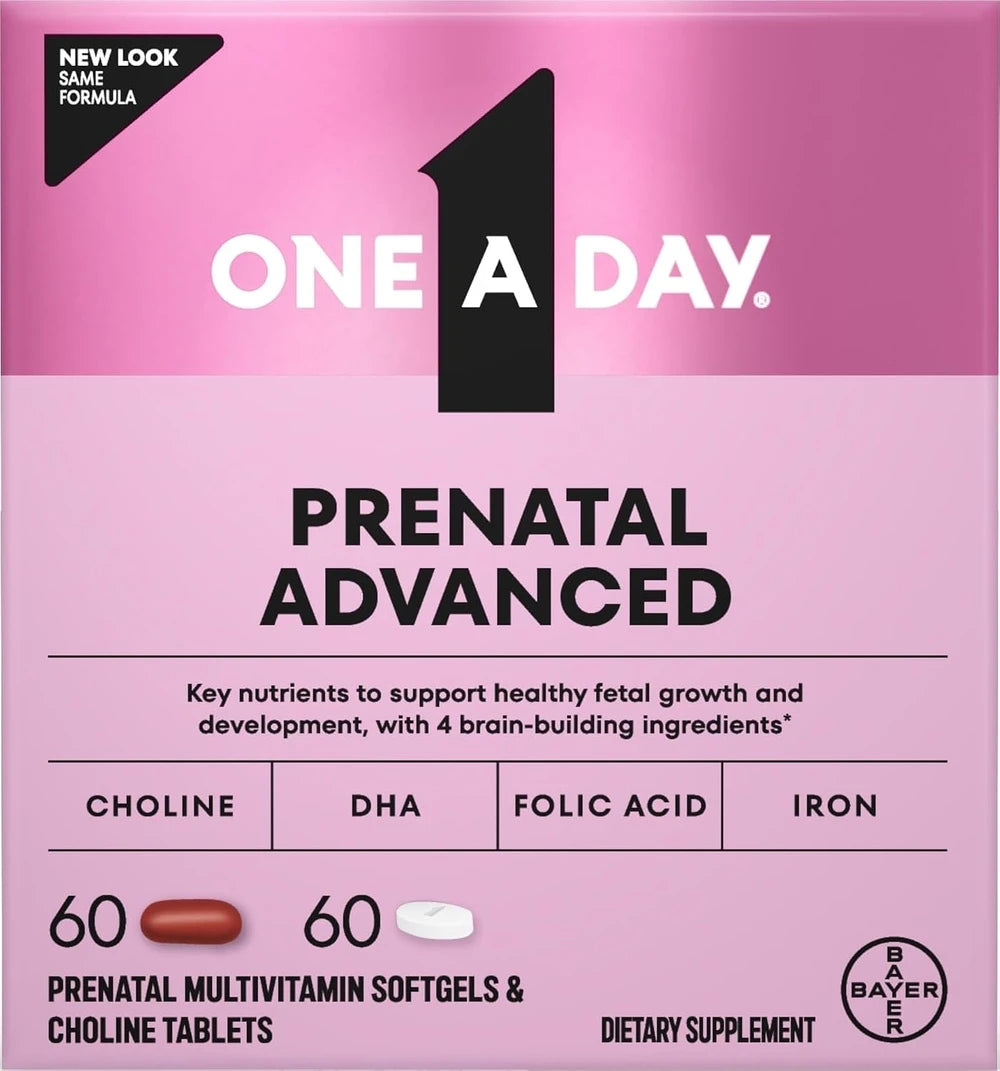 One A Day Prenatal Advanced- Prenatal Vitamins with Folic Acid, Choline, DHA &amp; Iron, Pregnancy Vitamins for Women to Support Baby’s Development, 60+60 Ct (120 Total Set) (Packaging May Vary)