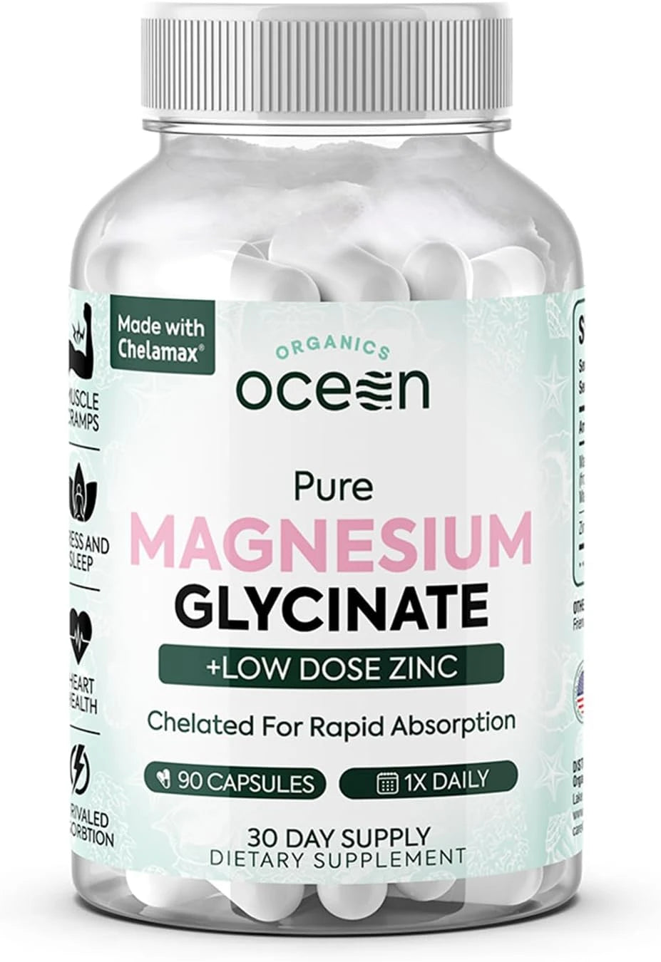 Organics Ocean Pure Magnesium Glycinate Supplement with Zinc, 1 Bottle