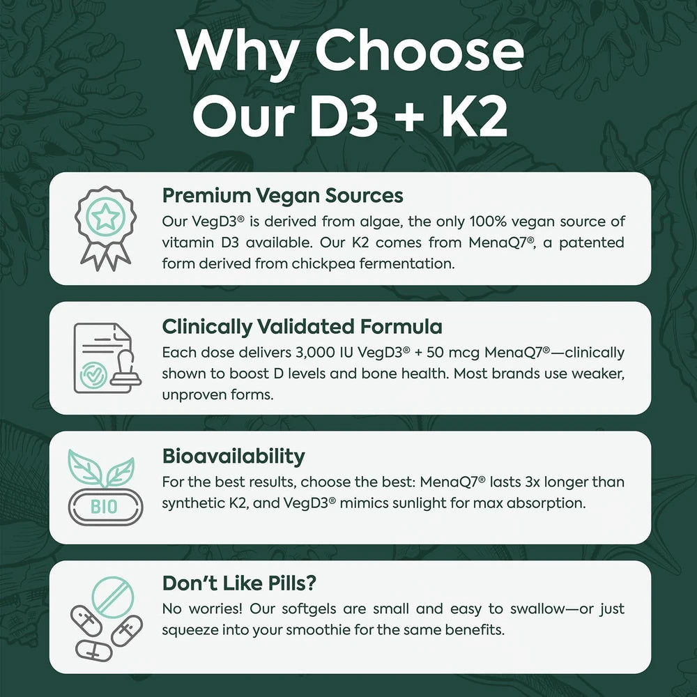 Organics Ocean Better D3+K2 Vitamin Supplement with VegD3 &amp; MenaQ7, 1-Pack