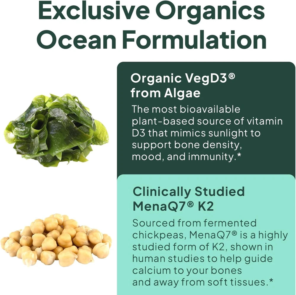 Organics Ocean Better D3+K2 Vitamin Supplement with VegD3 &amp; MenaQ7, 1-Pack