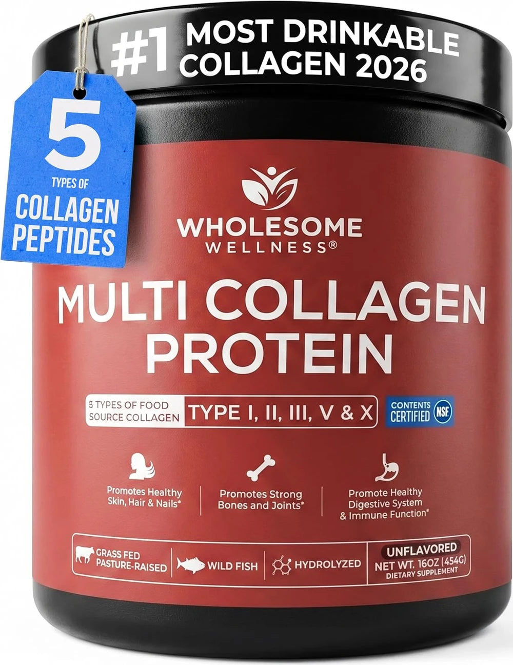 Wholesome Wellness Premium Multi Collagen Peptides Protein Powder for Women and Men, 5 Types of Hydrolyzed Collagen, Grass-Fed, Non-GMO &amp; Unflavored, Pure Protein for Youthful Skin &amp; Joint Recovery