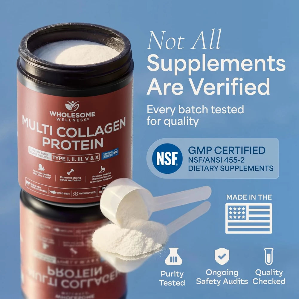 Wholesome Wellness Premium Multi Collagen Peptides Protein Powder for Women and Men, 5 Types of Hydrolyzed Collagen, Grass-Fed, Non-GMO &amp; Unflavored, Pure Protein for Youthful Skin &amp; Joint Recovery