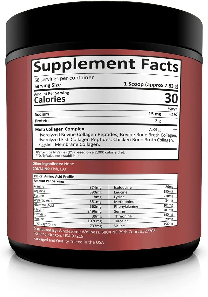 Wholesome Wellness Premium Multi Collagen Peptides Protein Powder for Women and Men, 5 Types of Hydrolyzed Collagen, Grass-Fed, Non-GMO &amp; Unflavored, Pure Protein for Youthful Skin &amp; Joint Recovery