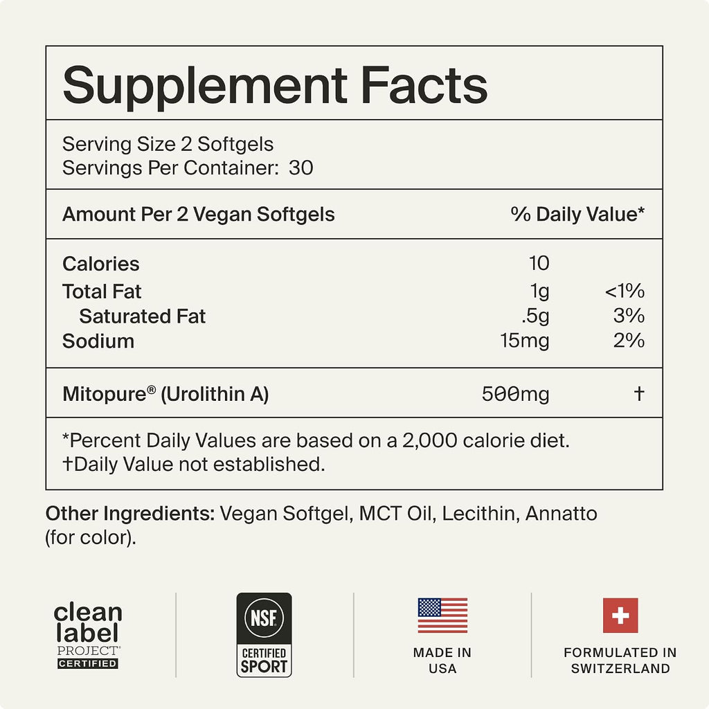 Mitopure Urolithin a Supplement Softgels - Clinically Proven Support for Healthy Aging and Cellular Renewal - Mitoceutical for Muscle Support and Longevity