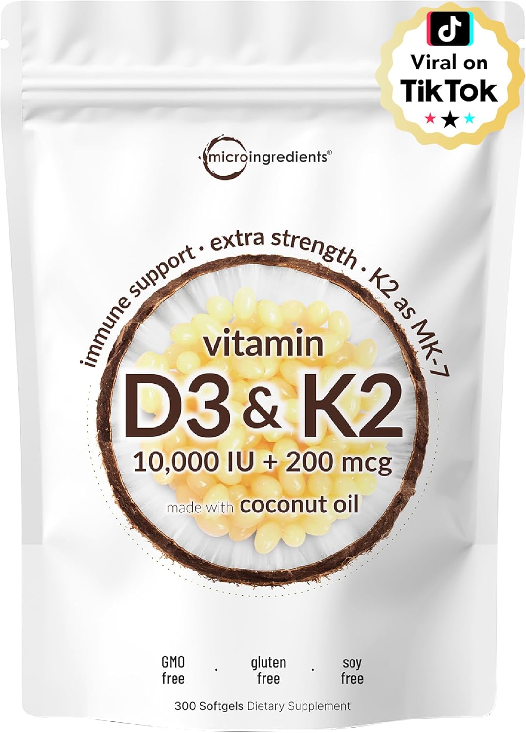 Micro Ingredients Vitamin D3 K2 MK-7 10,000 IU Per Serving, 300 Softgels