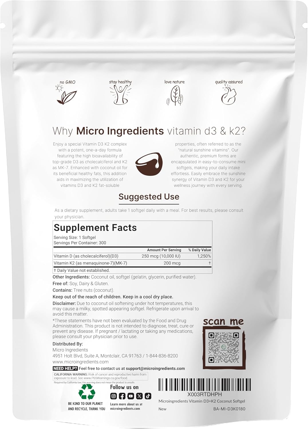 Micro Ingredients Vitamin D3 K2 MK-7 10,000 IU Per Serving, 300 Softgels